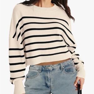 Merokeety Striped Cropped Sweater Cream Black Ribbed Knit Crew Neck NWOT